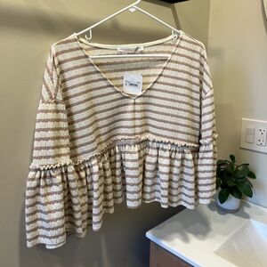 Altar'd State Beige & White Striped Ruffle V-Neck Top